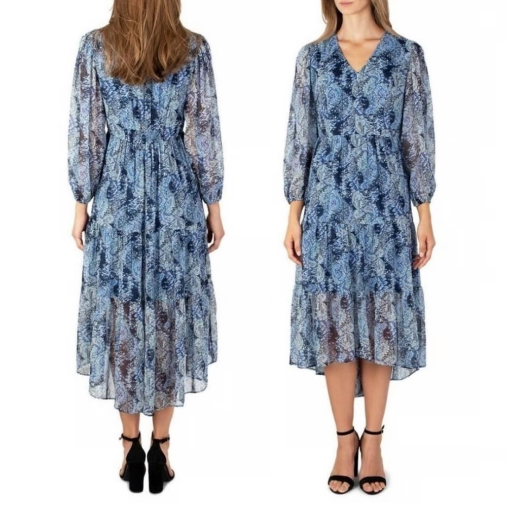 Joie Blue Parisian Paisley Print 3/4 Sleeve Flowy Midi Day Romantic Dress M